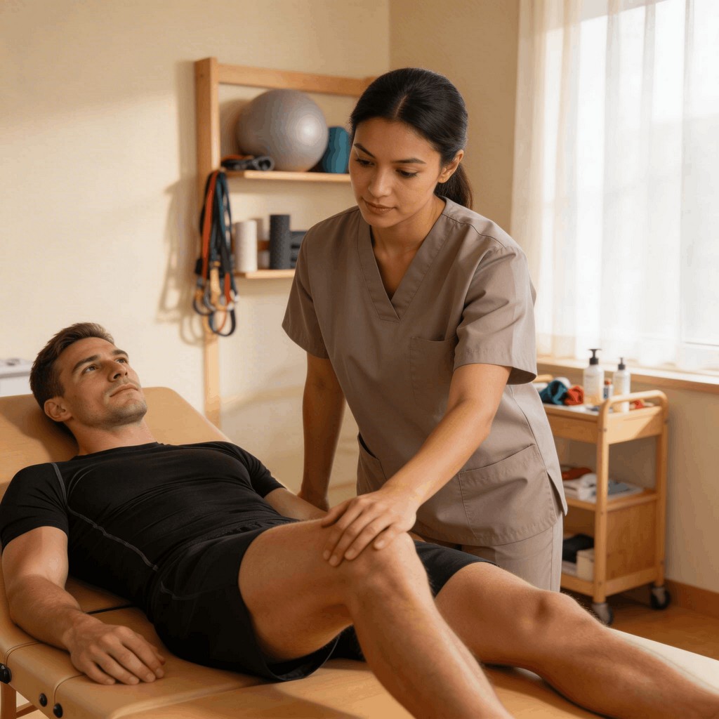 Kinésithérapeute traitant un sportif sur table de rééducation TKM