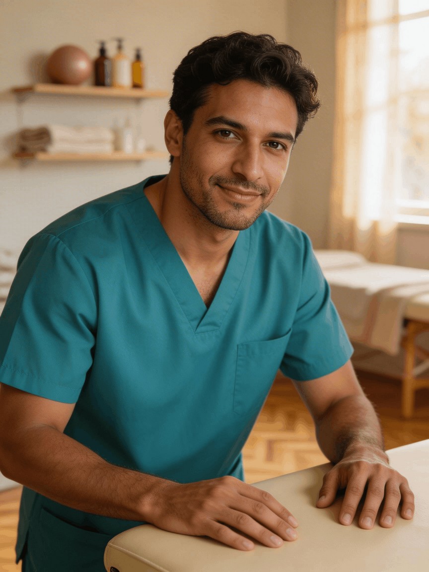 Ostéopathe en cabinet utilisant une table de traitement TKM