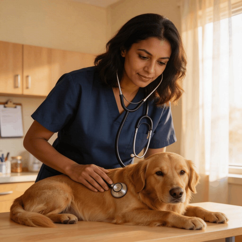 Vétérinaire examinant un chien sur table d'examen vétérinaire TKM France